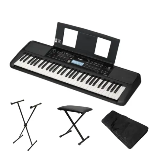 Kit Teclado Arranjador YAMAHA - PSR E383 + Suporte e Banqueta Premium SATY + Capa LOPES